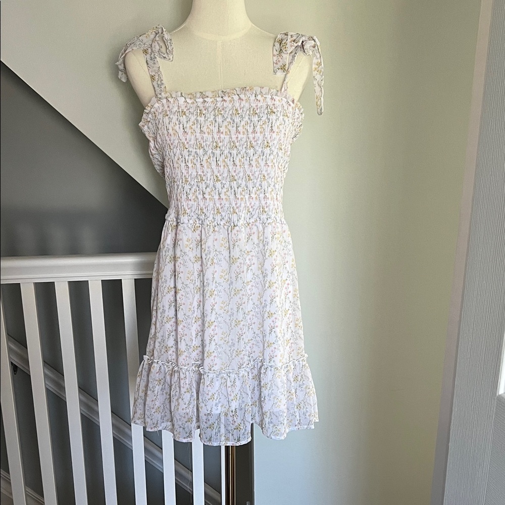 Blue Rain White Floral Smocked Sundress